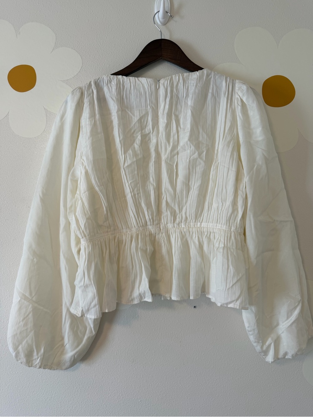 Bohme White Linen Blend Gathered Waist Long Balloon Sleeve Blouse Viscose - Picture 3 of 8